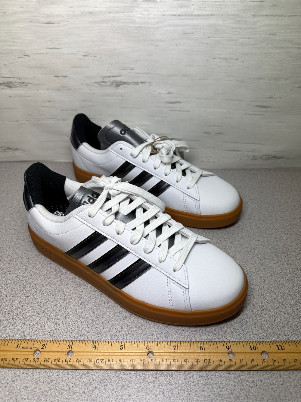 adidas White Sneakers with Black Stripes and Gum Sole